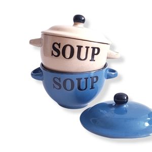 VERDICI DESIGN Blue & Cream Set Of 2 Glazed Stoneware Soup Bowls + Lids